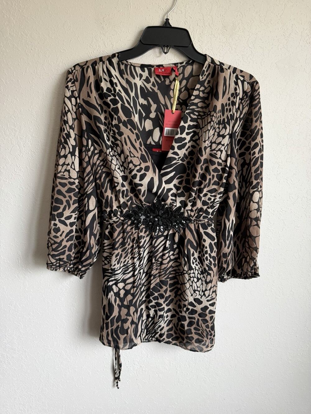 NWT TapeMeasure Brown Combo Animal Print Semi-Sheer V-Neck Tank Blouse Womens L